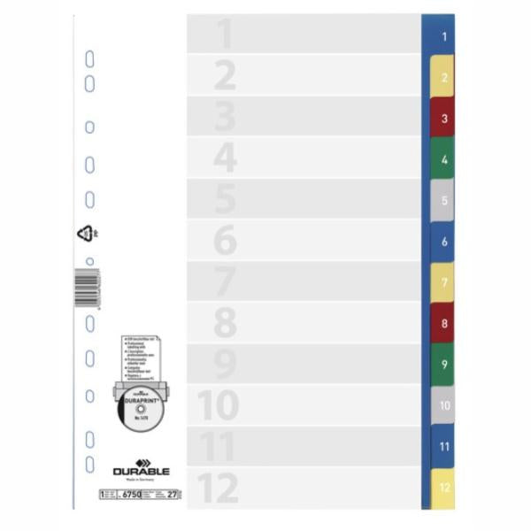 Διαχωριστικό Ευρετήριο Durable Α4 για κλασέρ, αριθμητικό 1-12 χρωματιστό